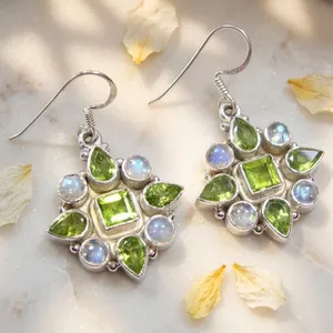 Boucles d'oreilles pendantes en argent sterling 925 avec péridot et pierre de lune arc-en-ciel, bijoux en pierres précieuses faits à la main pour femmes - Product Image 3