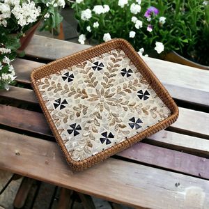 Round Bohemian Style Decorative <b>Tray</b> with Pearl Shell Inlay and Green Leaf Pattern Handmade Rattan & MOP Woven Basket - Product Image 3
