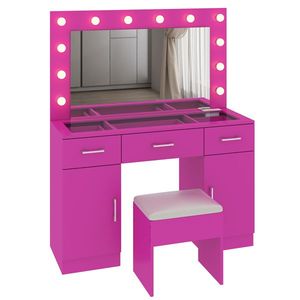 Tavolo da toeletta in legno con 3 cassetti e 2 armadietti, ampio piano in vetro illuminato e presa di corrente - Product Image 4