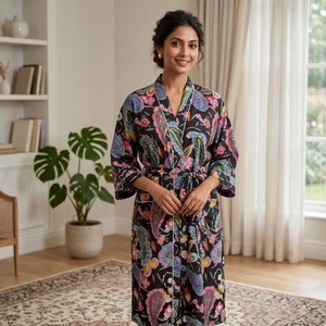 Bata Kimono Negra con Estampado Floral Paisley, Cuello en V, Manga Larga, Hecha a Mano, de Algodón, Bata de Salón con Cinturón, Ropa de Resort, Cubrebaño de Playa - Product Image 2