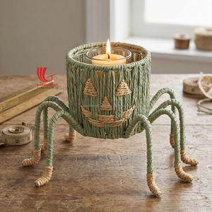 Handmade Straw Spider Candle Holder Bohemian Decor Party Decoration, Jack O' Lantern Tealight Stand - Product Image 1