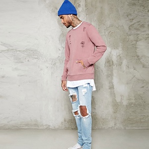 Crew Neck 100% Cotton French Terry Hip Hop Streetwear Men's Wholesale Distressed Hoodies <b>Sweatshirt</b> - Product Image 5
