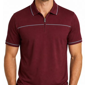 Polo à col zippé pour homme de qualité supérieure, sweat-shirt sport, bordeaux, gris, avec bordures contrastées, manches courtes, chemise classique - Product Image 2