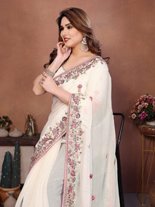 Embroidered Organza Women's Heavy Thread Work Border <b>Saree</b> <b>Blouse</b> Indian Wedding Party Wear Ethnic Winter Summer Stretchable - Product Image 2