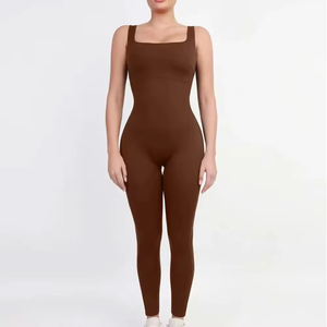 Mono de mujer marrón con cuello cuadrado, sin mangas, de cintura alta, control de abdomen, moldeador, minimalista, largo completo, ajuste ceñido, para todas las estaciones - Product Image 1