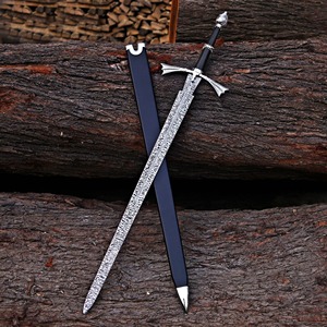 Handmade Damascus Steel Straight Blade With Black Handle And <b>Silver</b> Accents 32-Inch OEM Knife - Product Image 1