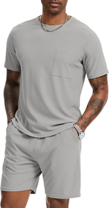 INTENTION SPORTS Survêtements d'été 2 pièces imprimés écologiques pour hommes, décontractés, respirants, en polyester/coton tricoté, à manches courtes - Product Image 3
