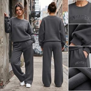 Women's <b>Charcoal</b> Grey Oversized Tracksuit Set Crewneck Sweatshirt Wide Leg <b>Jogger</b> Pants Casual Streetwear Sportswear Two Piece - Product Image 4