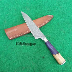 Couteau de chef de luxe en acier inoxydable, couteaux de cuisine japonais de haute qualité et écologiques, manche en bois d'olivier et résine violette, couteau Santoku - Product Image 3