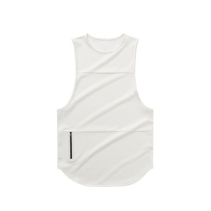 <b>Men's</b> <b>White</b> Sleeveless Tank Top O-Neck Quick Dry Sporty Knitted Polyester <b>Vest</b> With Zipper Pocket - Product Image 1