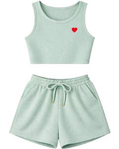 Women Ribbed Crop Tank <b>Top</b> And Drawstring Shorts Set Mint Green With Red <b>Heart</b> Print Casual Lounge Two Piece Outfit Customized - Product Image 1