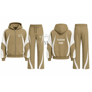 Custom Logo Khaki White Color Blocking Tracksuit 100% Set Full <b>Zip</b> <b>Hooded</b> 450 Gsm Sweatshirt Pants - Product Image 4
