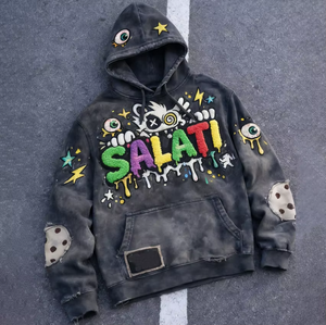 Sweat à capuche personnalisé délavé à l'acide avec impression numérique DGT et broderie, style streetwear, épais, effet usé et délavé au soleil pour homme - Product Image 1