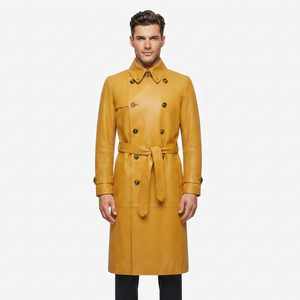 <b>Men's</b> Genuine Leather <b>Long</b> Double Breasted Button Trench <b>Coat</b> with Belt Premium Quality - Product Image 6