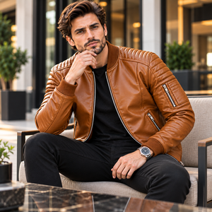 Chaqueta Bomber de Cuero Vacuno Marrón para Hombre con Cuello Alto, Mangas Acolchadas, Cierres Metálicos, Estilo Moto, Diseño Casual - Product Image 6