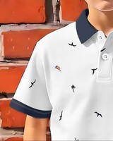 Boy's White Short Sleeve Button-Up Shirt Animal Print Contrast Trim Casual Regular Fit Quick Dry Breathable Eco-Friendly Knitted