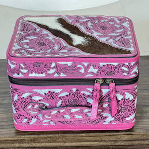 Western Christmas Special Hand Tooled Leather Jewelry Organizer Luxury Cowhide Leather Zipper Closure <b>Makeup</b> Travel <b>Storage</b> Case - Product Image 3