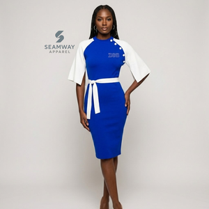 Vestido midi ajustado de mujer Zeta Phi Beta con bloques de color en contraste azul y blanco, manga tipo capa, detalle de botones y lazo en la cintura - Product Image 6