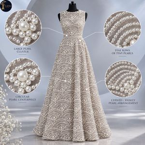 Tela de Vestido con Cuentas y Diseño Paisley Curvo, con Grandes Grupos de Perlas y Detalles de Cristal |   Tela Ornamental para Vestidos de Novia y de Noche - Product Image 5