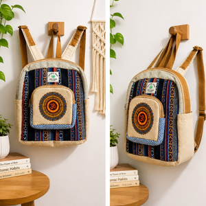 Stylish Eco Friendly Hemp <b>Backpack</b> Bag | Bohemian Panelled <b>Canvas</b> Zipper Closure 14 Inch | Travel Carry Bag OEM India Export - Product Image 4