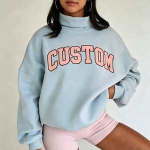 Sweat-shirt surdimensionné personnalisé pour femme, col roulé, bleu clair, imprimé lettres rose, épaules tombantes, manches longues, automne, coton, col montant - Product Image 5