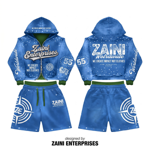 Ensemble court de sweat à capuche respirant pour homme en molleton polyester/coton 320 GSM bleu uni, personnalisable avec broderie et impression - Product Image 1
