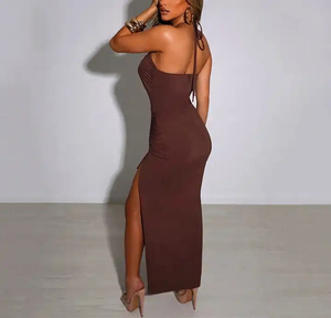 Robe moulante mi-longue sexy à encolure croisée, taille haute, fente, froncée, sans manches, couleur unie, pour soirée d'été - Product Image 4