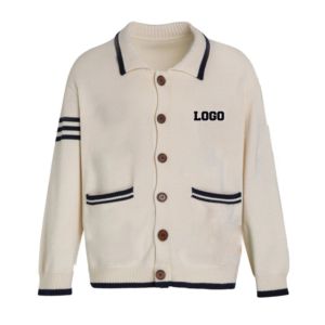 Custom Vintage Style Men's Cream White Knitted Polo <b>Cardigan</b> <b>Sweater</b> Lapel Collar Button Down Long Sleeve College Varsity Casual - Product Image 2