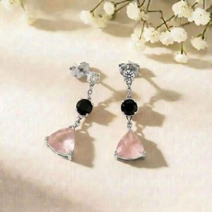 <b>Rose</b> Quartz & <b>Black</b> Obsidian Drop Earrings Trillion Cut <b>Rose</b> Quartz Round Faceted <b>Black</b> Obsidian Studs With CZ Accent Handmade - Product Image 5