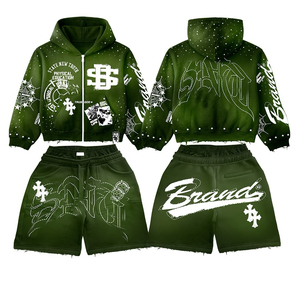 Conjunto Deportivo de 2 Piezas para Hombre, Sudadera con Capucha y Cremallera Completa con Logotipo Personalizado Impreso en DTG, Pantalones Cortos de Felpa con Lavado Ácido Vintage, Secado Rápido, Verano - Product Image 3