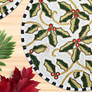 Beaded Christmas Holly <b>Placemats</b> Set <b>Red</b> Berry Leaf Dining Charger Mat Winter Holiday Table Decor Round Table Mat Wholesale - Product Image 4