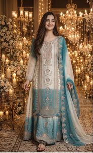 Designer Party Wear Diwali Dual Tone Star Georgette Embroidery Thread Work Top Palazzo Cut Work Dupatta Wrinkle Free Quick Dry - Product Image 1