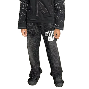 Oversized Vintage Track Sweatpants Sun Faded Acid Washed Rhinestone Baggy Trousers Custom Logo Printed Men's Casual Heavyweight - Product Image 2