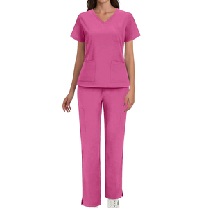 Women's Pink V-Neck <b>Scrub</b> <b>Set</b> with Pockets Hospital Uniforms - Product Image 1