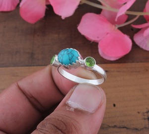 925 Sterling Silver Bezel <b>Set</b> Oval Turquoise Three Stone <b>Ring</b> Handcrafted Classic Gemstone Jewelry for <b>Men</b> Women Unisex - Product Image 4