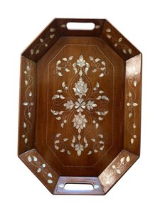 Plateau de service en bois d'acacia avec incrustation de motifs arabes, style de décoration islamique artisanal pour le service du Ramadan, pour la maison et l'hôtel. - Product Image 3