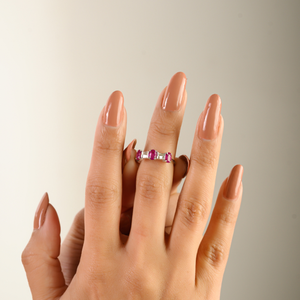 Nouveautés, bague à trois pierres en or blanc K14 100% authentique avec rubis et diamants, pour femmes, cadeau de demoiselle d'honneur, bijoux empilables - Product Image 4