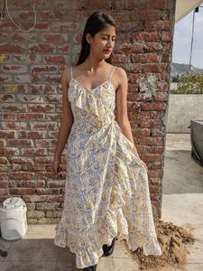 Robe longue en coton indien imprimée à la main, col en V, sans manches, robe imprimée en coton indien pour femmes - Product Image 3