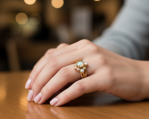 Women's 18K Gold Plated 925 <b>Silver</b> Yellow <b>Opal</b> Cluster Engagement <b>Ring</b> with Diamond Accents Floral Design Luxury - Product Image 3