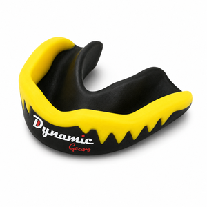 Protège-dents double couche Dynamic Gears noir et jaune en silicone, équipement de protection pour la boxe, unisexe adulte, léger, prix de gros - Product Image 2
