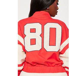 Red And <b>White</b> Varsity <b>Jacket</b> With Embroidered Logo Zipper Front Turn Down Collar Sporty Style <b>Short</b> Length Varsity <b>Jacket</b> - Product Image 6