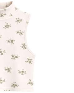 Débardeur court côtelé personnalisé à col montant sans manches avec imprimé floral vert pour femme, coupe ajustée extensible, décontracté, tendance été - Product Image 3