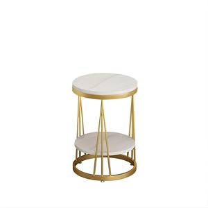 Table basse ronde moderne en bois blanc, table d'appoint de chevet pour chambre à coucher avec pieds en fer thermolaqué doré, meubles et tables - Product Image 5
