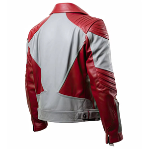 Men's Red And Gray PU Leather Motorcycle Jacket Slim Fit Turn-down Collar Windproof Moto Biker Style Autumn Wear - Product Image 2