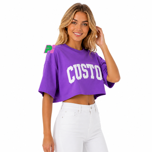 Camiseta Corta Morada para Mujer, con Estampado de Letras Personalizado, Cuello Redondo, Manga Corta, Corte Holgado, Informal, Primavera Verano, 100% Algodón - Product Image 5