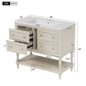 Mobile Bagno Autoportante in Legno Massello da 36 Pollici con 4 Cassetti e Lavabo Sottopiano in Ceramica - Set Completo - Product Image 6