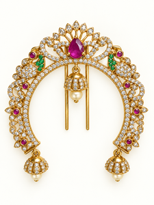 Broche de cheveux en diamant américain avec motifs floraux de paon, pendentifs Jhumka et accents de perles, bijoux de cheveux de mariée traditionnels pour femmes - Product Image 1
