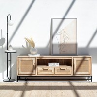 Meuble TV Vandana Lunaris Optima en rotin avec portes et tiroirs – Console de divertissement moderne en osier naturel