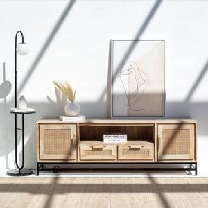Mueble para TV Vandana Lunaris Optima con Puertas y Cajones de Ratán, Consola de Entretenimiento Moderna con Tejido Natural - Product Image 1