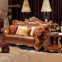 Set Sofa Mewah Eropa Antik Buatan Tangan untuk Ruang Tamu Villa & Hotel Bingkai Kayu Solid Berukir Hiasan Desain Kulit Elegan